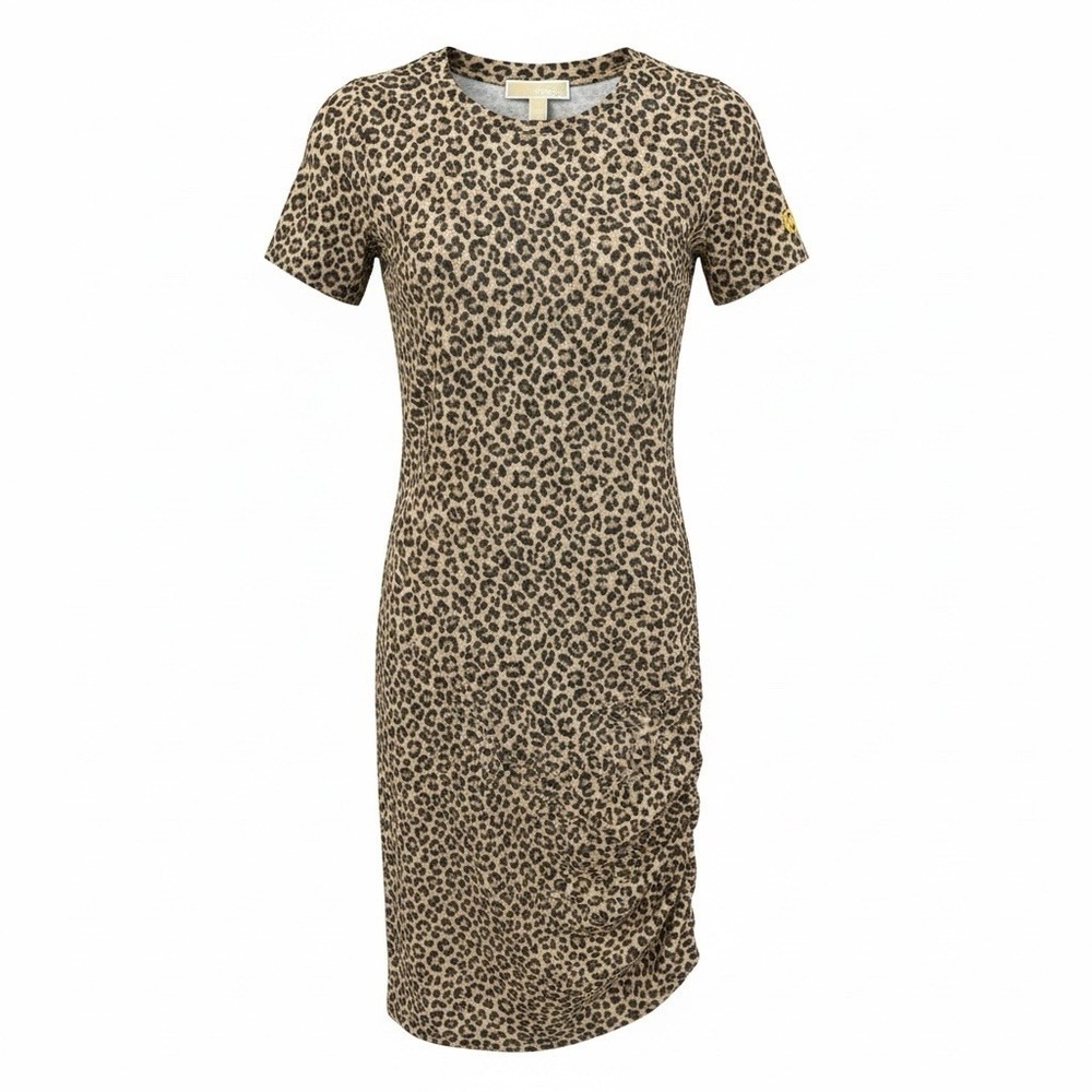 Michael Kors Leopard Print Ruched Dress XS Dune Animal Print QS3800Q6KM NEW